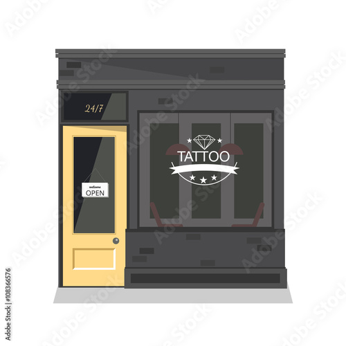 Tattoo parlor facade,shop. Vector flat illustration. Isolated objects.