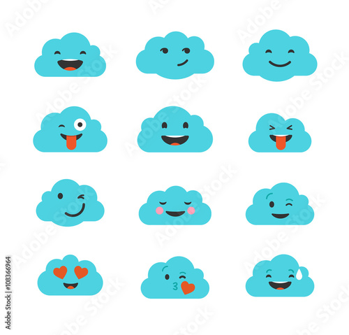 Clouds cute emoji, smily emoticons faces set