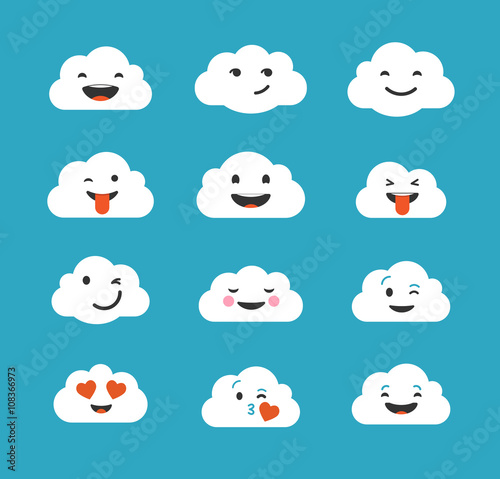Clouds cute emoji, smily emoticons faces set