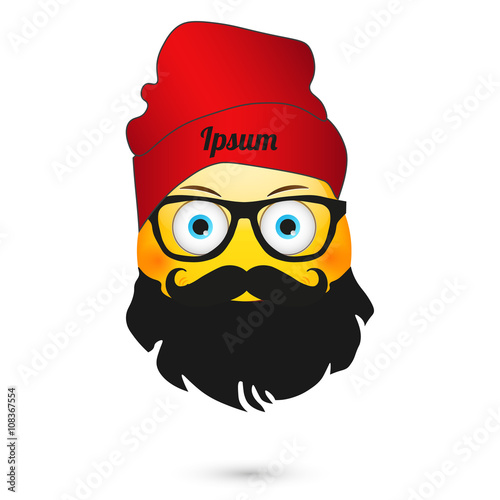  Emoticon wearing red hat and glasses.Emoticon with beard.  Isolated vector illustration on white background