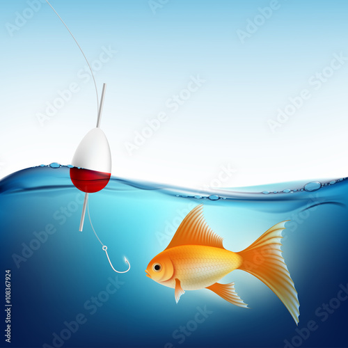 Goldfish in water and a fishing hook with a float. Stock vector