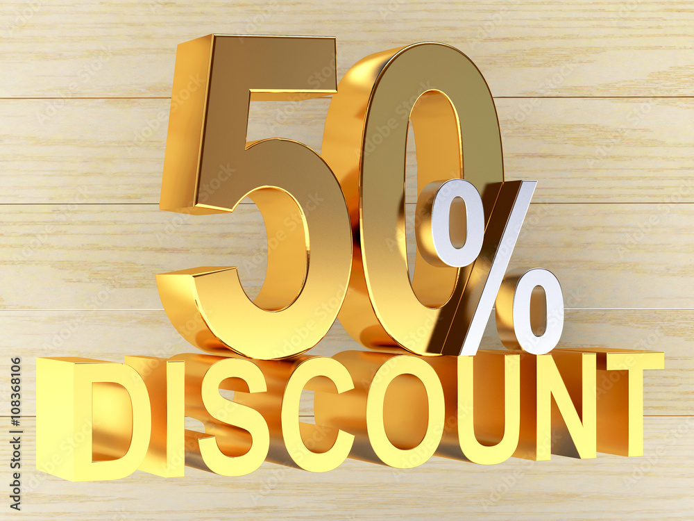 Golden 50 PERCENT and word DISCOUNT on wooden background. Golden 50 PERCENT and word DISCOUNT on wooden background.