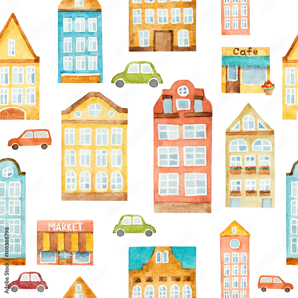 Watercolor seamless pattern with houses and cars.