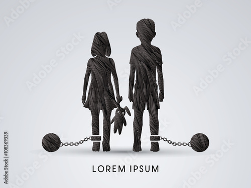Stop Child abuse ,Children with chain and ball designed using black grunge brush graphic vector.