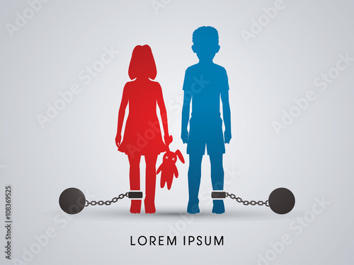 Stop Child abuse ,Children with chain and ball graphic vector.
