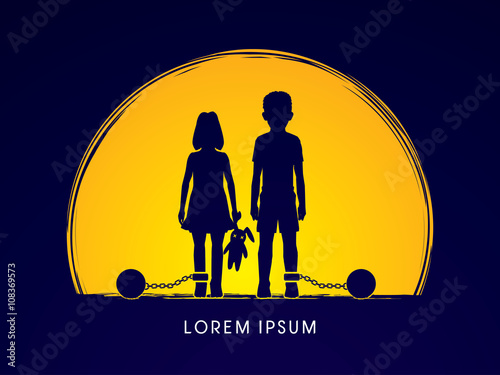 Stop Child abuse ,Children with chain and ball designed on moonlight background graphic vector.