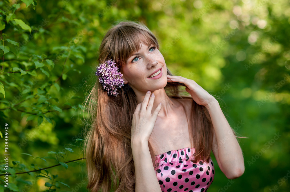 girl walking garden blooming tree girl walking garden blooming tree