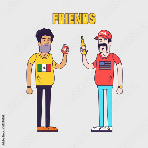 Creative vector illustration of friendship between mexicans and americans. Friends are drinking beer. Friendly neighborhood between USA and Mexico