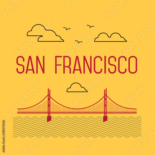 San Francisco Golden Gate Bridge. San Francisco vector landmark illustration. Line flat style. San Francisco view. 