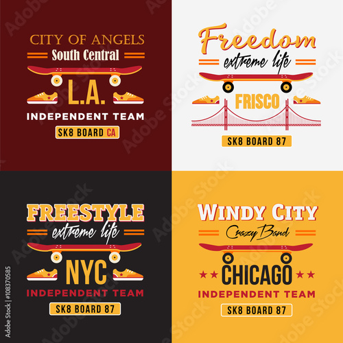 Vector skateboarding illustrations set for print on t-shirts. Independent teams of Los Angeles, New York, Chicago and San Francisco. 