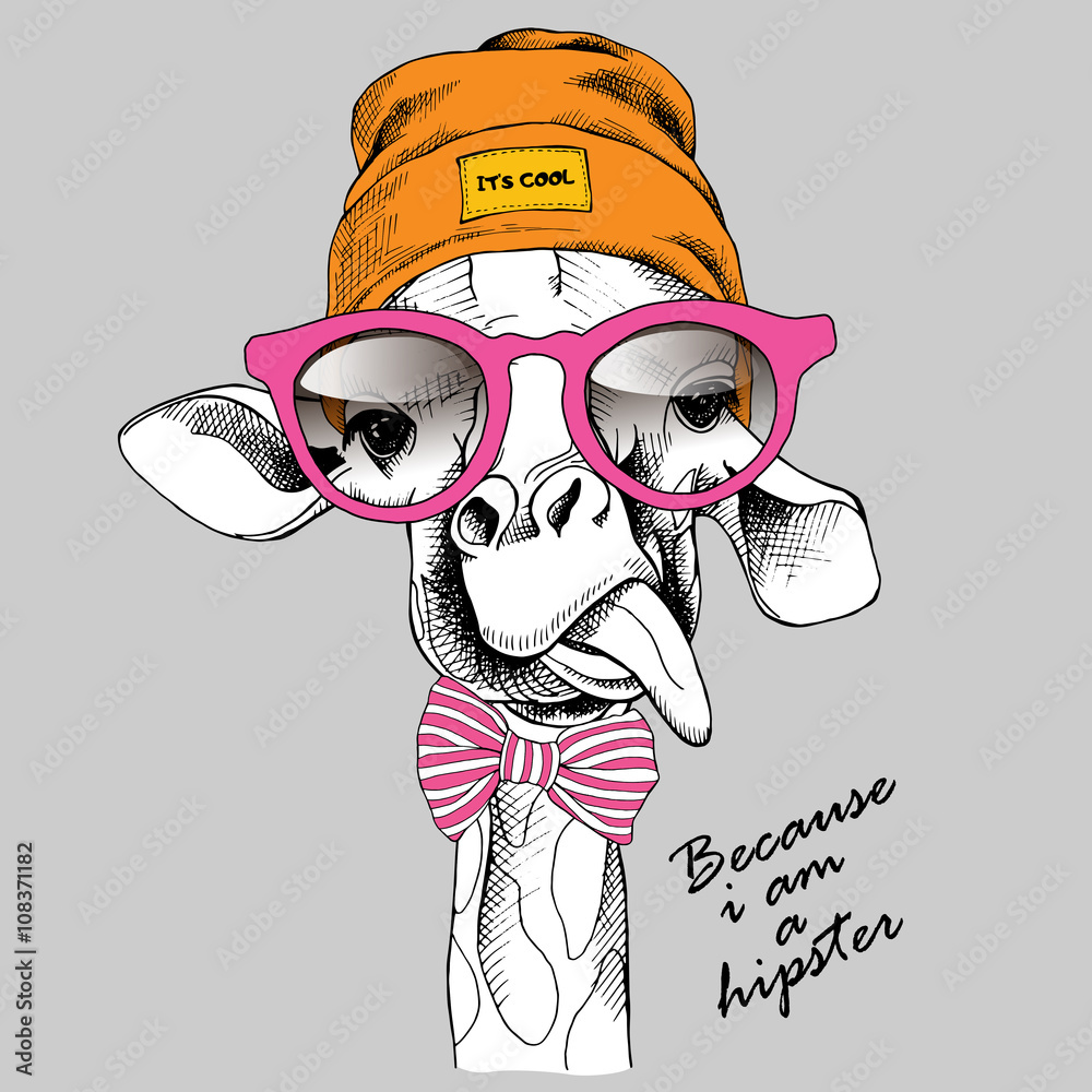 Obraz premium Portret żyrafa w kapeluszu hipster i okularach. Ilustracji wektorowych.