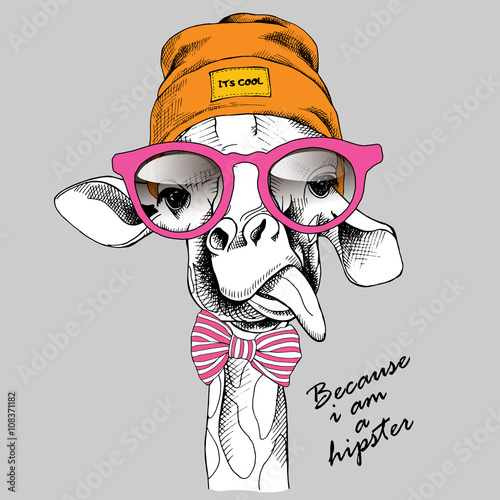 Giraffe portrait in a Hipster Hat and with glasses. Vector illustration.