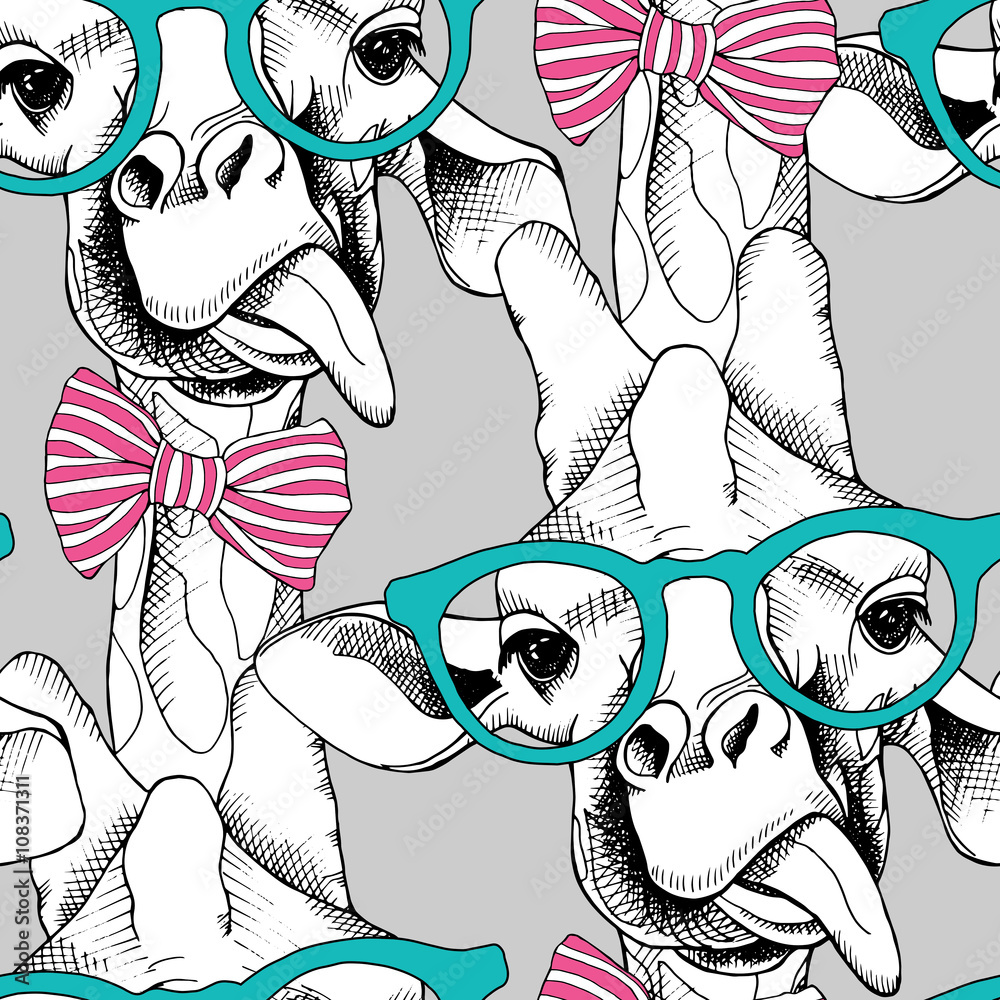 Fototapeta premium Seamless pattern with giraffes in the glasses and with bow. Vector illustration.