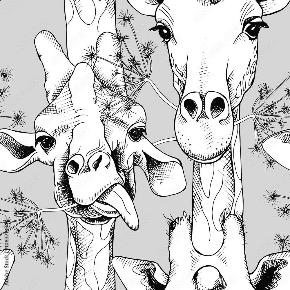 Fototapeta premium Seamless pattern with the image of giraffes munching grass. Vector black and white illustration.