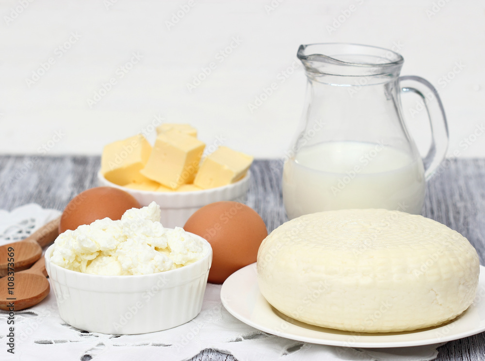 Dairy products on wooden table. Dairy products on wooden table.