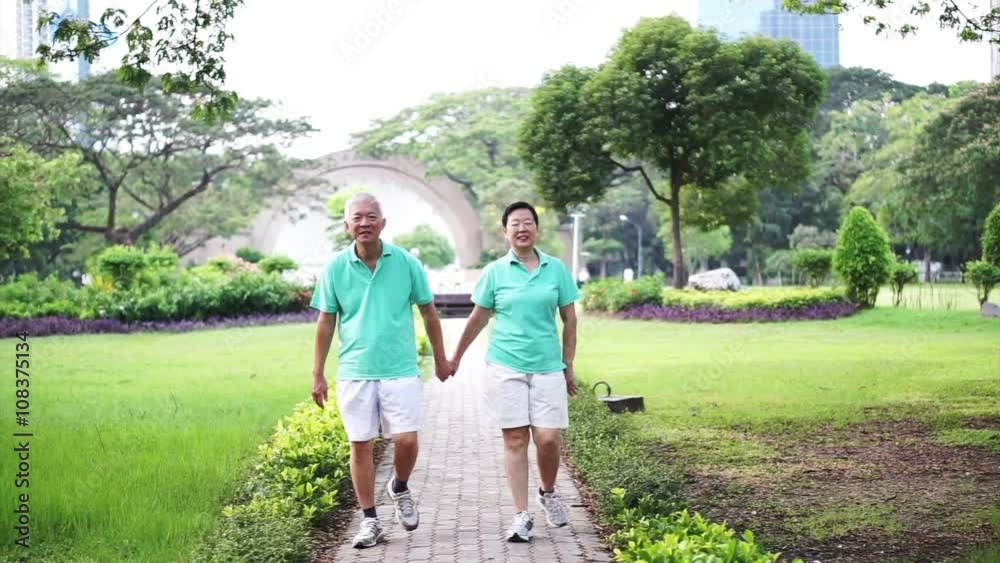 happy Asian senior couple walking exercise along the park. Abstract love health and nature happy Asian senior couple walking exercise along the park. Abstract love health and nature