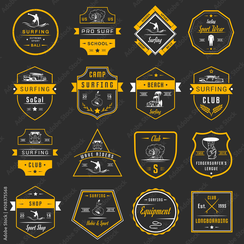 Naklejka premium Vector Set Surf Badges, Sign and Logos