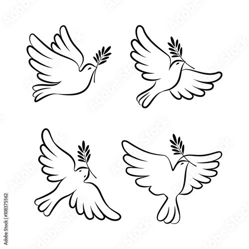 Flying dove vector sketch set. Dove of Peace.