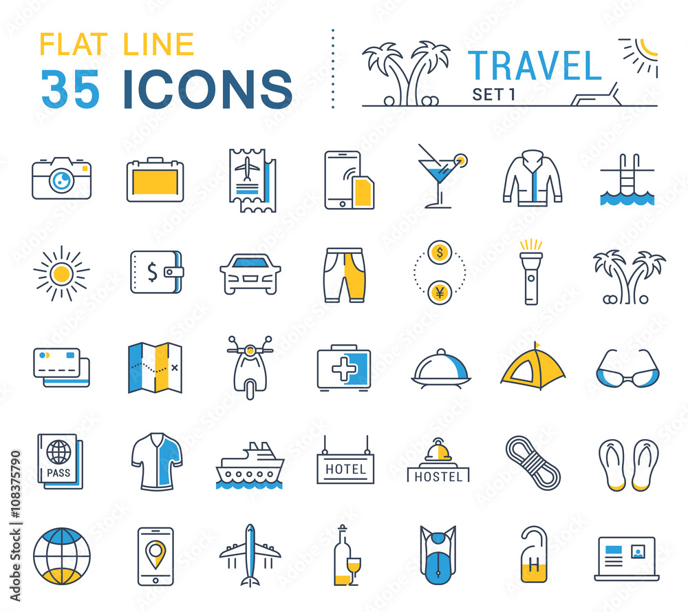 Set Vector Flat Line Icons Travel Set Vector Flat Line Icons Travel