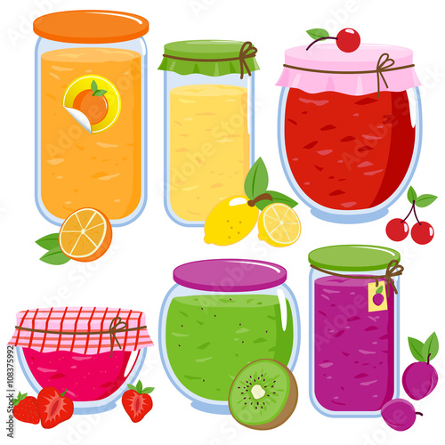Jars filled with homemade fruit jam. Vector illustration