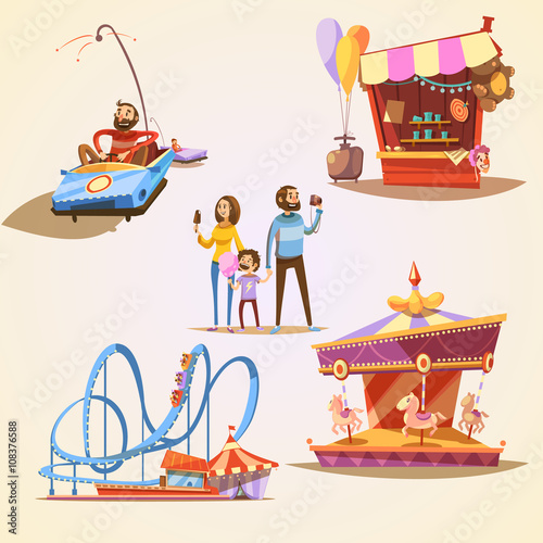 Amusement park cartoon set