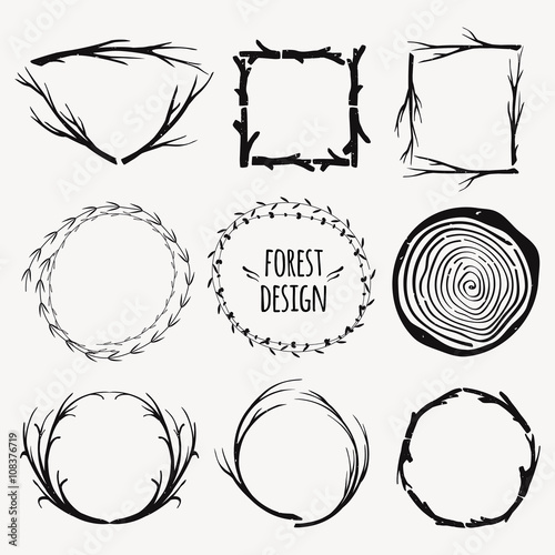 Vector decorative set of different frames with plants and tree branches. Rustic design for invitations, scrapbooking, greeting cards. Boho style.