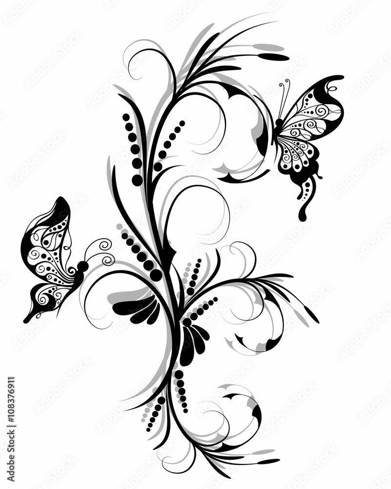 Floral ornament with butterflies .
