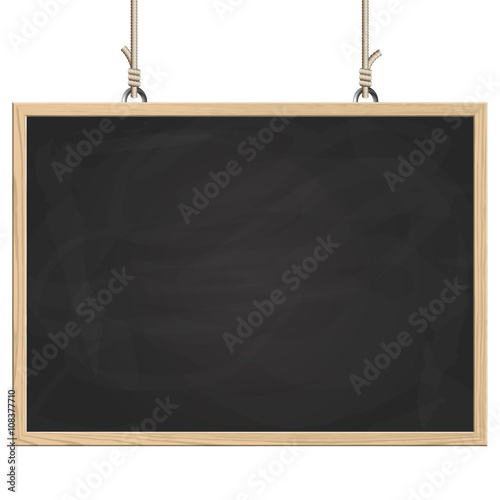 black board hanging on ropes