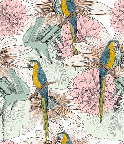 Vector sketch of a parrot with flowers. Hand drawn illustration