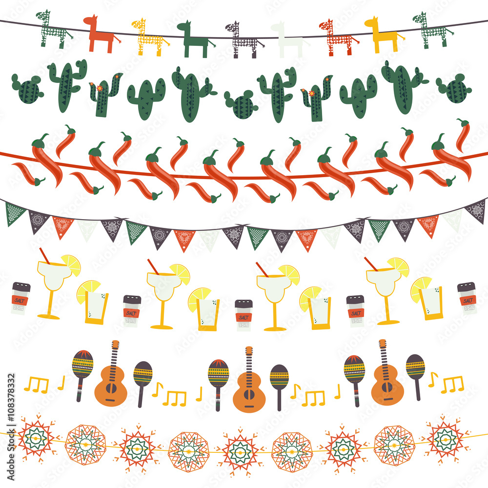 Hanging festive mexican banners, flags, garlands
