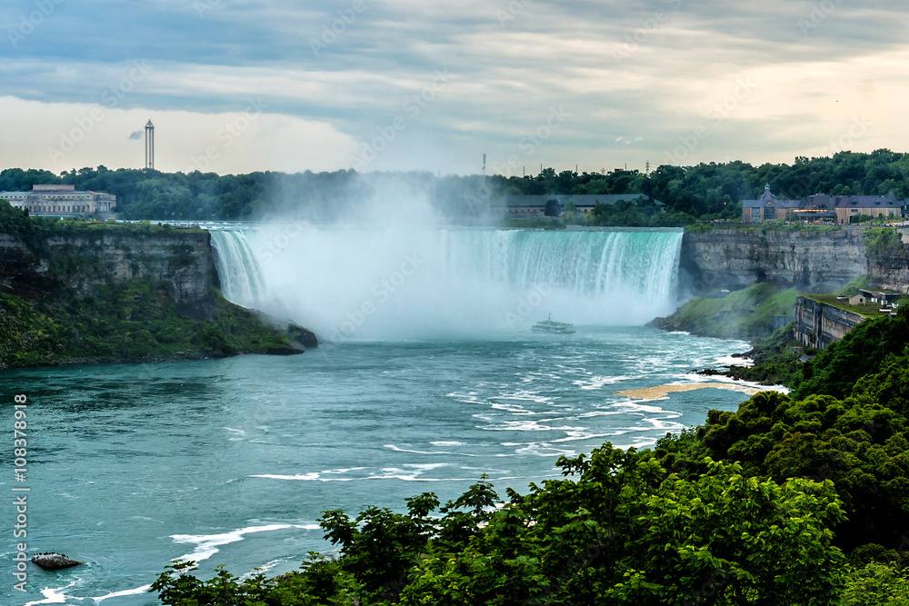 Niagara Falls closeup panorama at evening. Ontario, Canada. Niagara Falls closeup panorama at evening. Ontario, Canada.