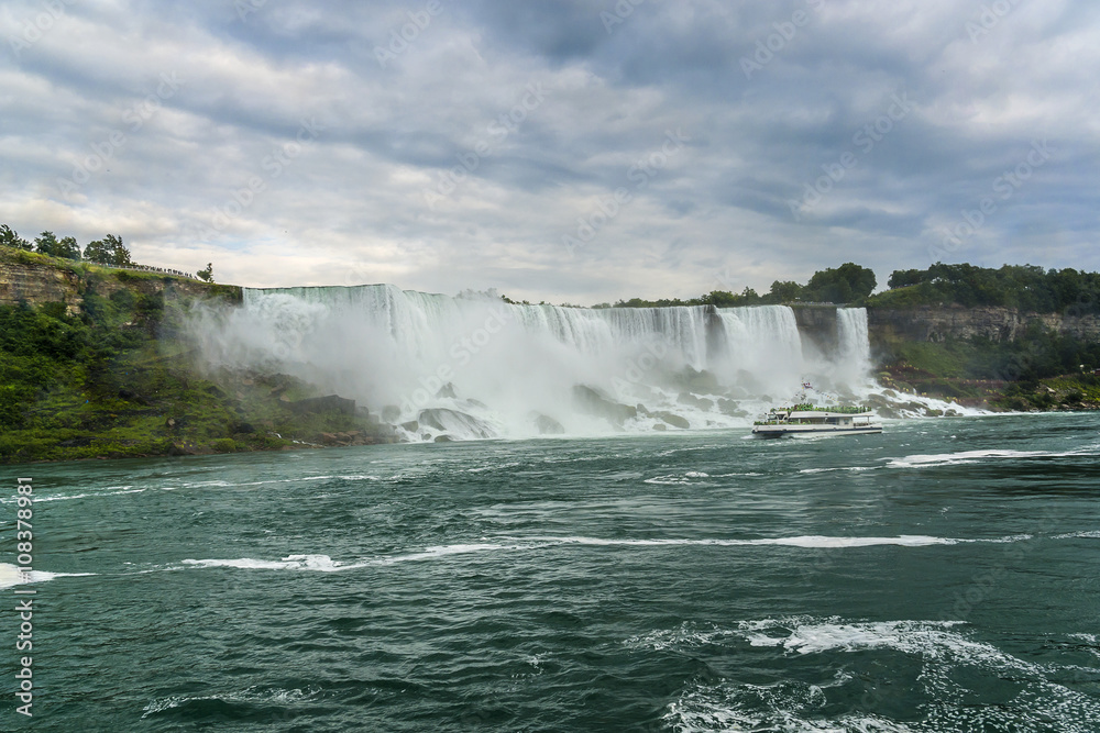 Niagara Falls closeup panorama at evening. Ontario, Canada.