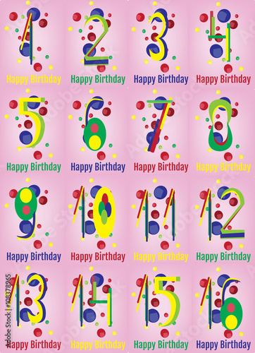 Happy Birthday Card. Happy Birthday Wrapping Paper Digital vector print. Baby Birthday Poster. Teenager Birthday Decoration with Colorful Confetti Pink Backdrop.