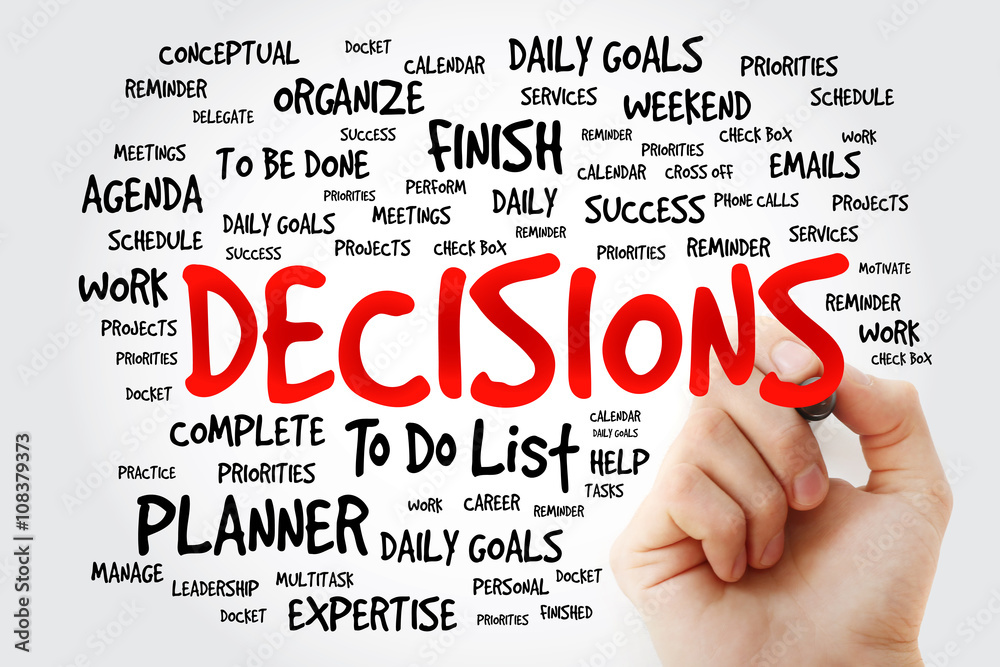 Hand writing DECISIONS word cloud, business concept Hand writing DECISIONS word cloud, business concept