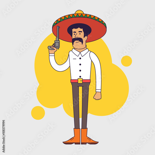 Mexican bandit with sombrero, mustache and big pistol.