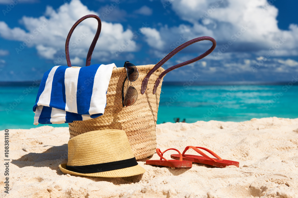 Beautiful beach with bag at Seychelles