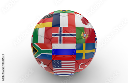 Soccer ball with many flags; 3d rendering