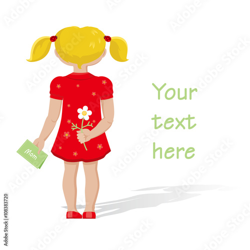 Greeting Card for Mother's Day depicting a little girl standing in the back, with a flower.
