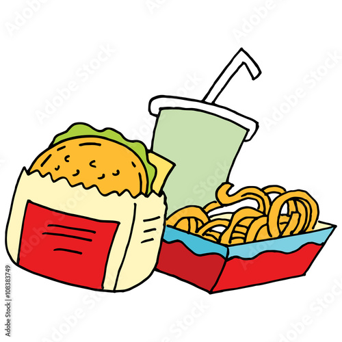 Hamburger curly fries and soda
