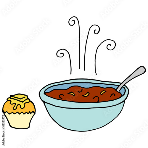 Bowl of chili and cornbread muffin