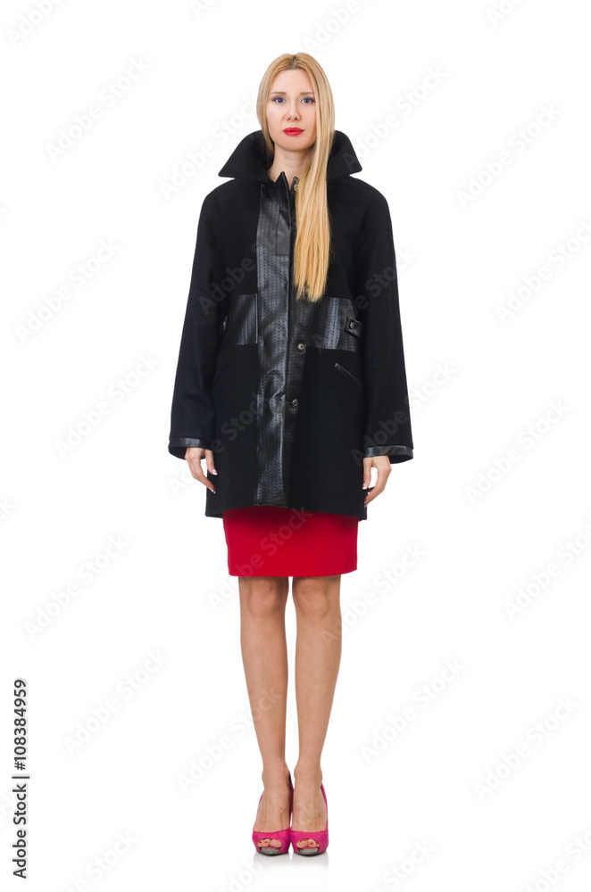 Woman in dress and black coat isolated on white Woman in dress and black coat isolated on white