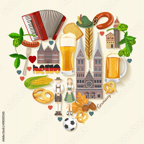 Germany travel poster. Trip architecture concept. Touristic background with landmarks, castles, monuments, german cuisine, beer, sausage, pretzel.