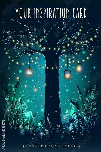Inspiration card for wedding, date, birthday, tea and garden party.  Decorative holiday lights