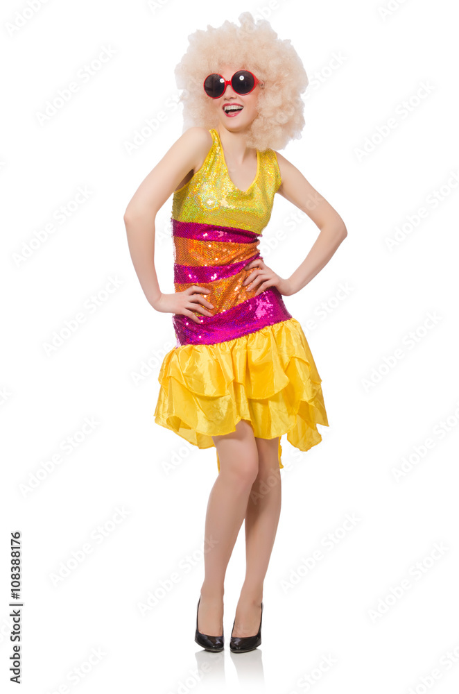 Woman in funny sparkling yellow dress isolated on white Woman in funny sparkling yellow dress isolated on white