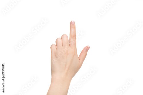 Female index finger on a white background.