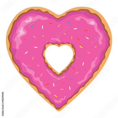 Heart shaped and isolated pink donut clip art with colorful toppings on a white background - Eps10 Vector graphics and illustration
