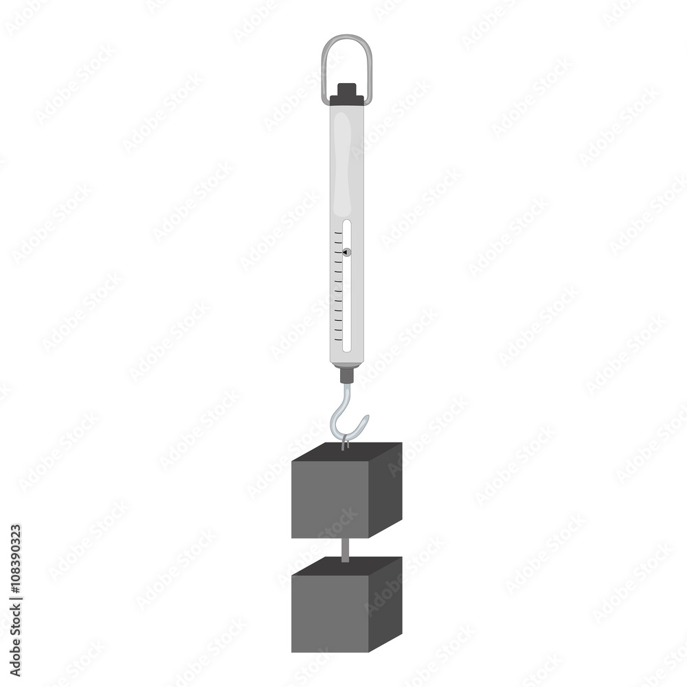 Isolated gray dynamometer with a hook, result indicator and cube weight load for scientific purposes on a white background - Eps10 Vector graphics and illustration Isolated gray dynamometer with a hook, result indicator and cube weight load for scientific purposes on a white background - Eps10 Vector graphics and illustration