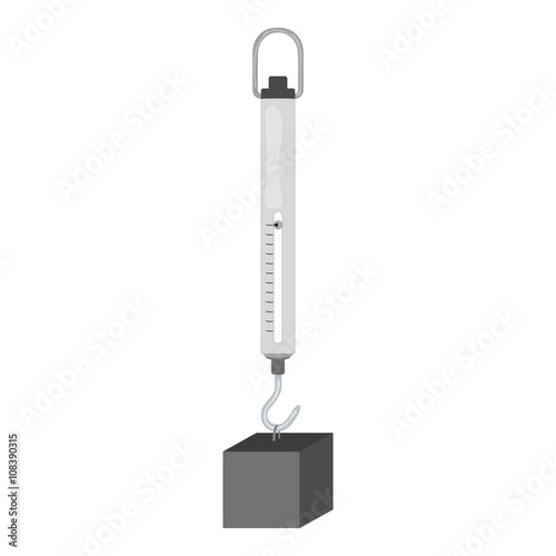 Isolated gray dynamometer with a hook, result indicator and cube weight load for scientific purposes on a white background - Eps10 Vector graphics and illustration