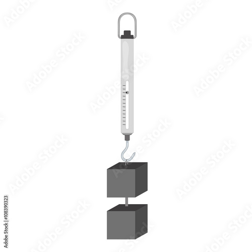 Isolated gray dynamometer with a hook, result indicator and cube weight load for scientific purposes on a white background - Eps10 Vector graphics and illustration