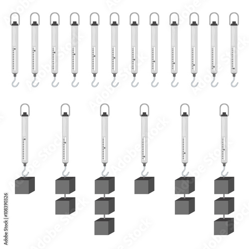 Isolated gray dynamometer set with a hook, different result indicators and cubic weight loads for scientific purposes on a white background - Eps10 Vector graphics and illustration